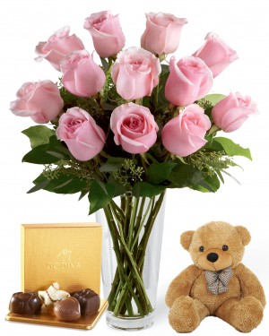 Pink Roses with Bear & Godiva®